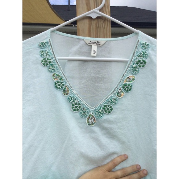 Krazy Kat size XXL tie die top blouse 3/4 sleeve beaded beading teal coastal - Picture 2 of 13